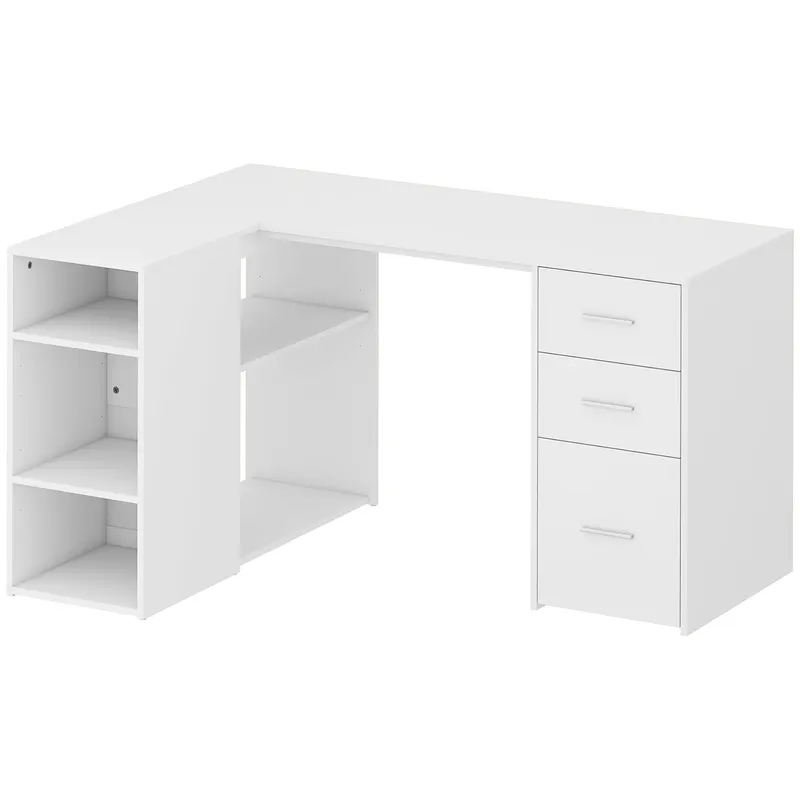 HOMCOM Birou de colț, Birou pentru PC în L, 3 sertare, 5 compartimente deschise, rafturi reglabile, 140x100x75cm, Alb