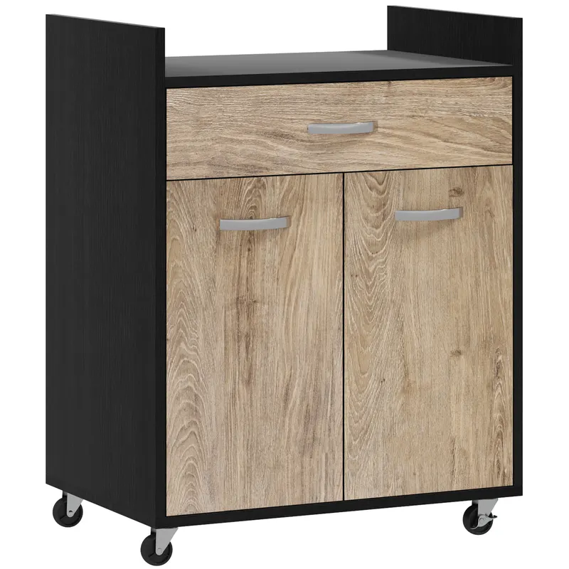 HOMCOM Cărucior de Bucătărie cu Sertar și Dulăpior, Insulă de Bucătărie cu 4 Roți și Raft Reglabil, 60x40x77 cm, Negru