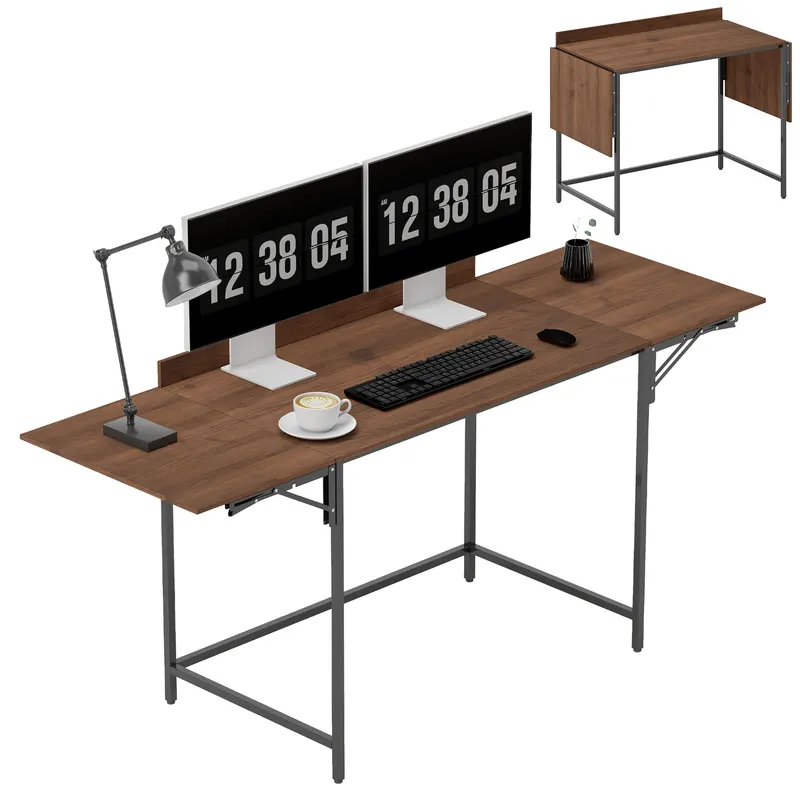 HOMCOM Birou pliant masă de calculator 2 aripi pliabile pentru 2 monitoare, pentru cameră, spații mici, 170 x 58 x 78 cm nuc