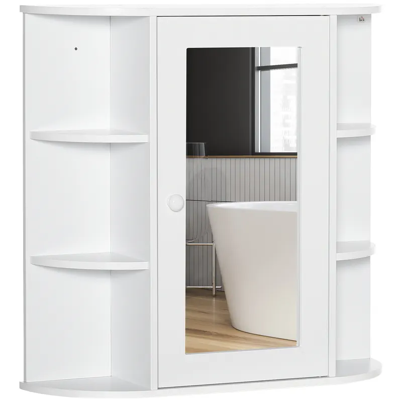 HOMCOM Dulap cu oglindă Dulap de baie Badezimmerschrank, 8 compartimente, uși cu oglindă, rezistent la apă, 66 cm x 17 cm x 63 cm, Alb