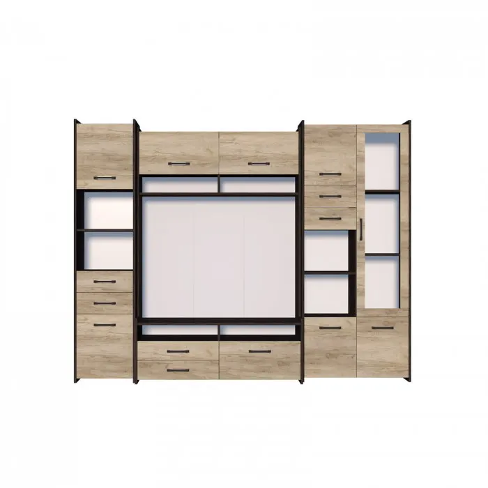 Living MOKKA II, 3 corpuri, corp PAL maro inchis, fronturi PAL stejar, 232x53x200 cm