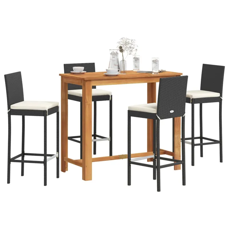 set bar de gradina 5 piese negru lemn masiv acacia si poliratan