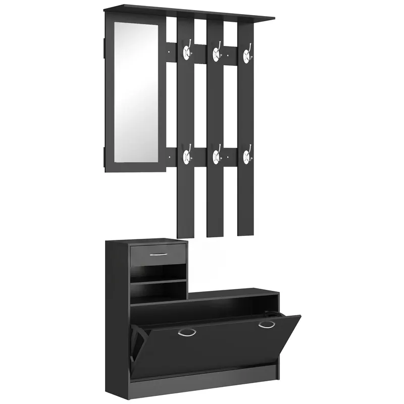HOMCOM Dulap pentru Intrare Cuier cu Pantofar si Oglinda, Rafturi si Sertar, Dulap Cuier din PAL, 90x10x102 cm, Negru