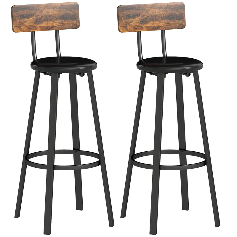HOMCOM Set de 2 Scaune de Bar Captușite cu Spătar și Suport pentru Picioare - Maro Rustic și Negru