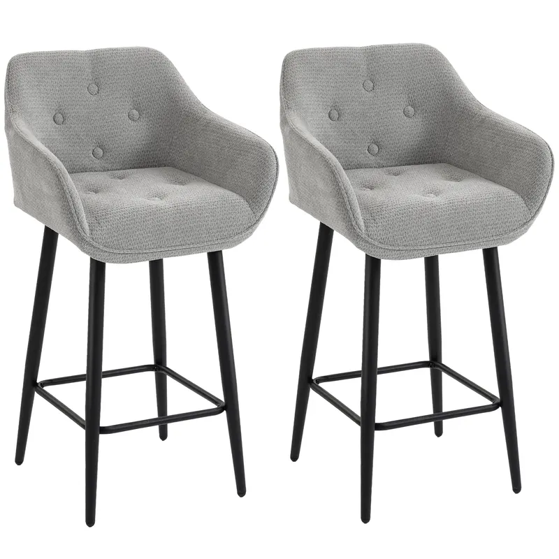 HOMCOM Set de 2 taburete de bar, scaune de bar tapițate în chenille, șezut lat 67H cm, spătar și suport pentru picioare, gri
