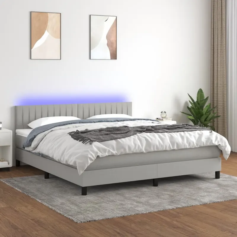 pat cu arcuri, saltea si led, gri deschis, 160x200 cm, textil