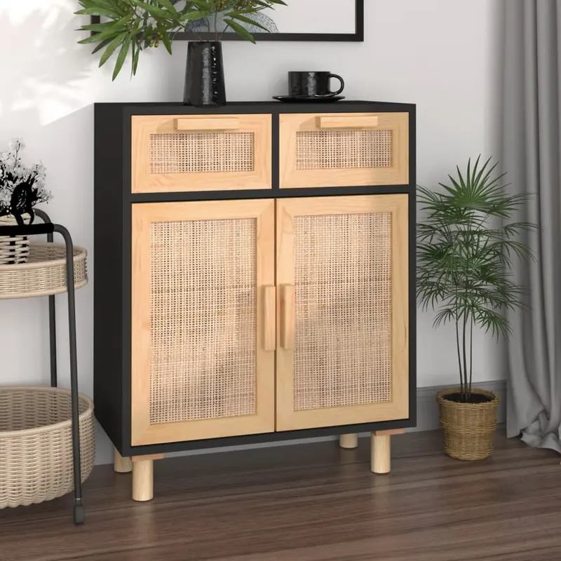 servanta, negru, 60x30x75 cm, lemn masiv pin si ratan natural