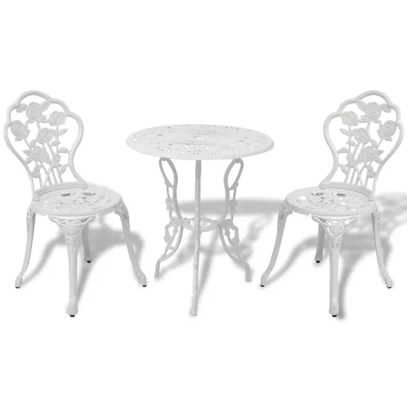 set mobilier bistro, 3 piese, alb, aluminiu turnat