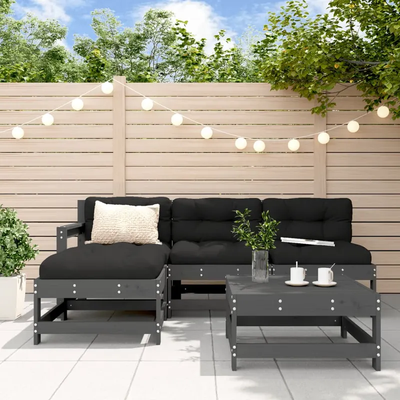 set mobilier gradina cu perne, 5 piese, gri, lemn masiv