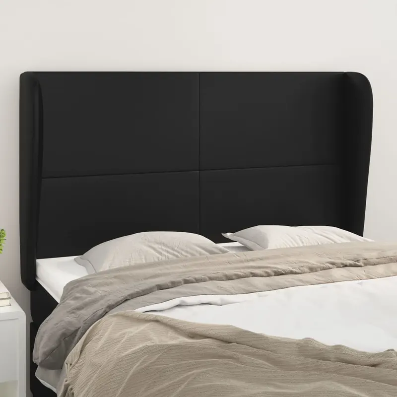 Tablie de pat cu aripioare, negru, 147x23x118/128 cm, piele eco