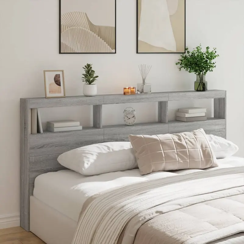 tablie de pat cu dulap si led, gri sonoma, 200x17x102 cm