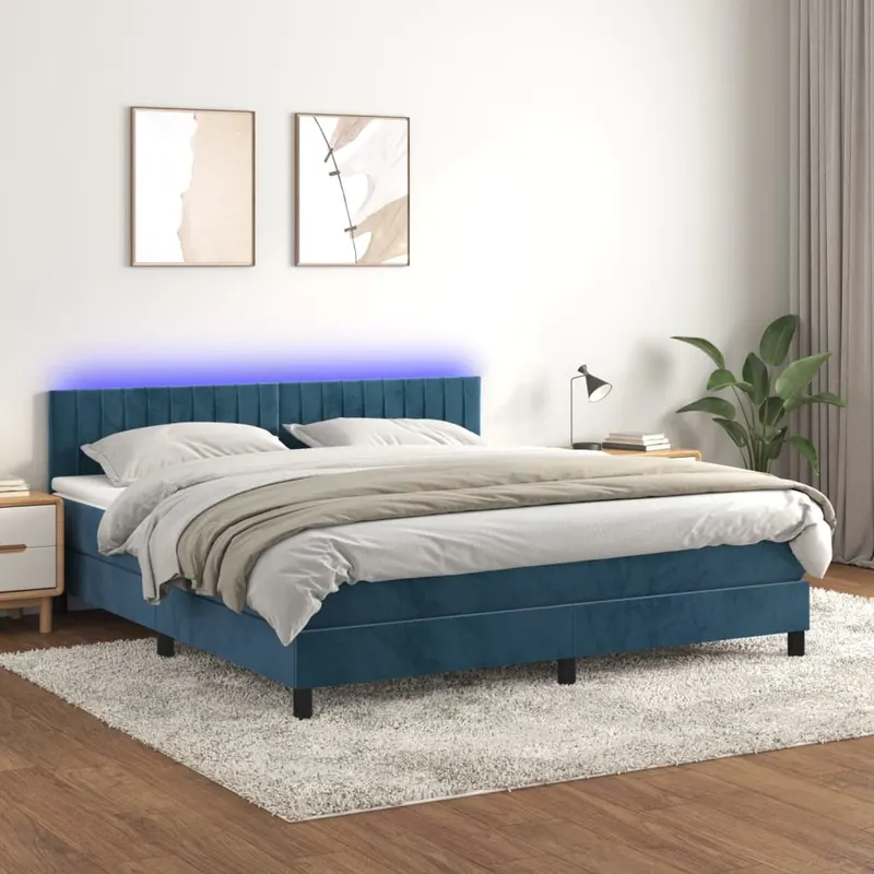pat cu arcuri, saltea si led, bleumarin, 160x200 cm, catifea