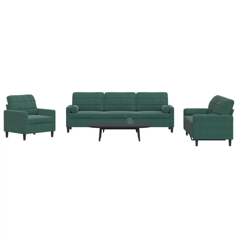 set canapele cu perne/rulouri, 3 piese, verde inchis, catifea