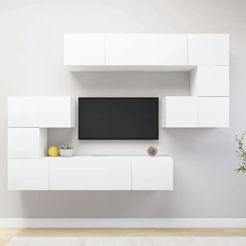 set dulapuri tv, 8 piese, alb, lemn prelucrat