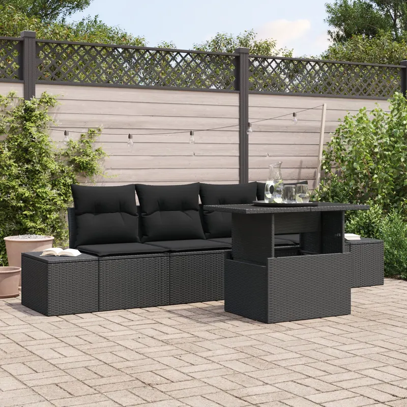 set de canapea pentru gradina cu 5 piese si perne, negru, poliratan