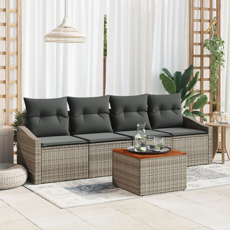 set canapea gradina de 5 piese cu perne gri din poliratan acacia