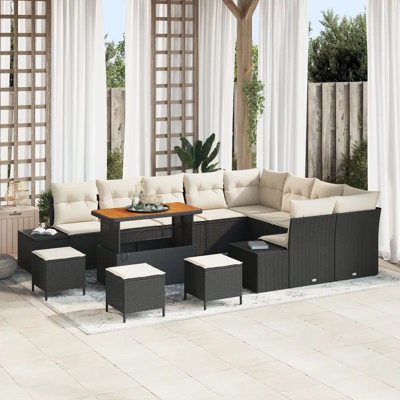 Set de canapea pentru gradina , 13 piese cu perne, negru, poliratan, acacia, set de dining pentru gradina , 4 piese cu perne, negru, poliratan, acacia, canapea de gradina , 2 locuri, cu perne, negru, poliratan