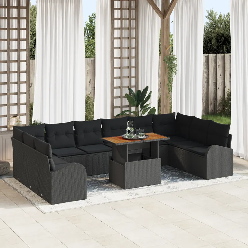 Set de 11 piese de sofa pentru gradina cu perne negru ratan polis, sofa pentru gradina 2-seater cu depozitare si perne negru ratan polis