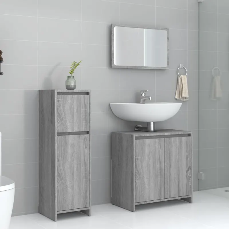 set mobilier de baie, 3 piese, gri sonoma, lemn prelucrat