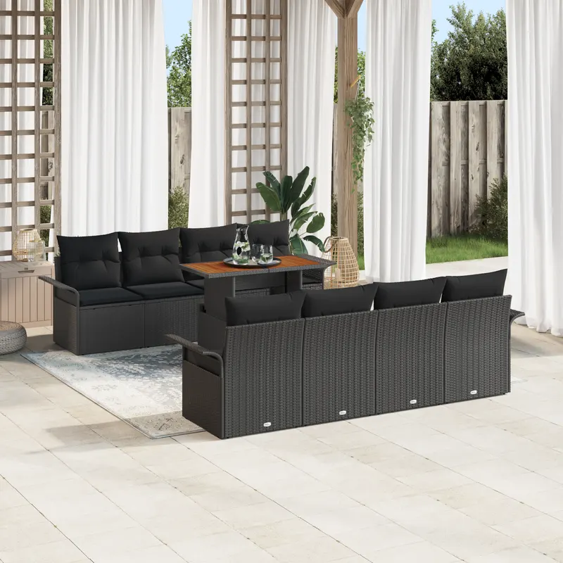 Set canapea de gradina de 9 piese cu perne negru ratan poly, canapea de gradina cu 2 locuri cu spatiu de stocare & perne negru ratan poly