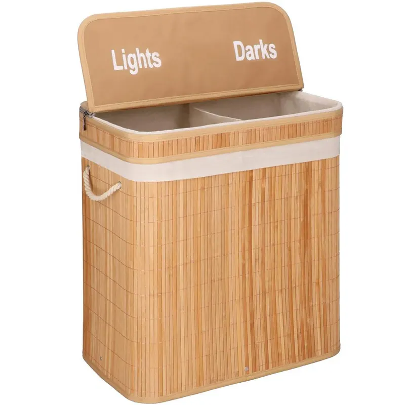 Cos de rufe din bambus cu capac, 2 compartimente, sac detasabil, volum 100L, 53x32x62cm, maro