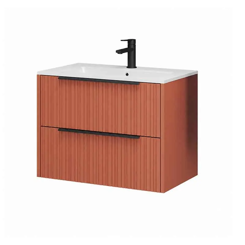 Mobilier lavoar Fluminia Istria 80, 2 sertare, front riflat, maner negru, mattone