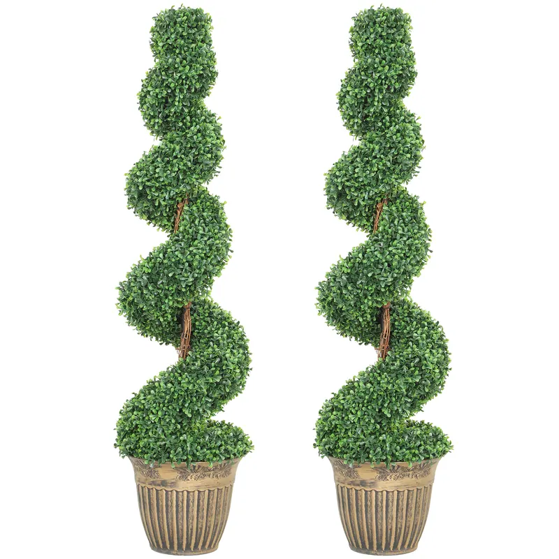 HOMCOM Set 2 plante artificiale buxus spiralate, 120 cm, cu ghiveci inclus, pentru decor interior și exterior, verde