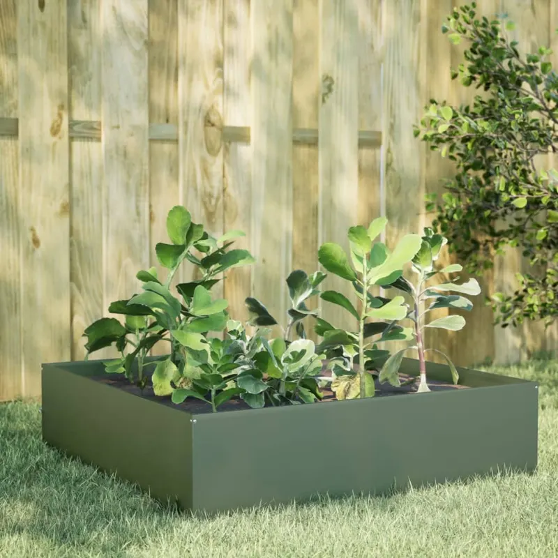 strat inaltat de gradina, verde masliniu, 100x100x25 cm, otel