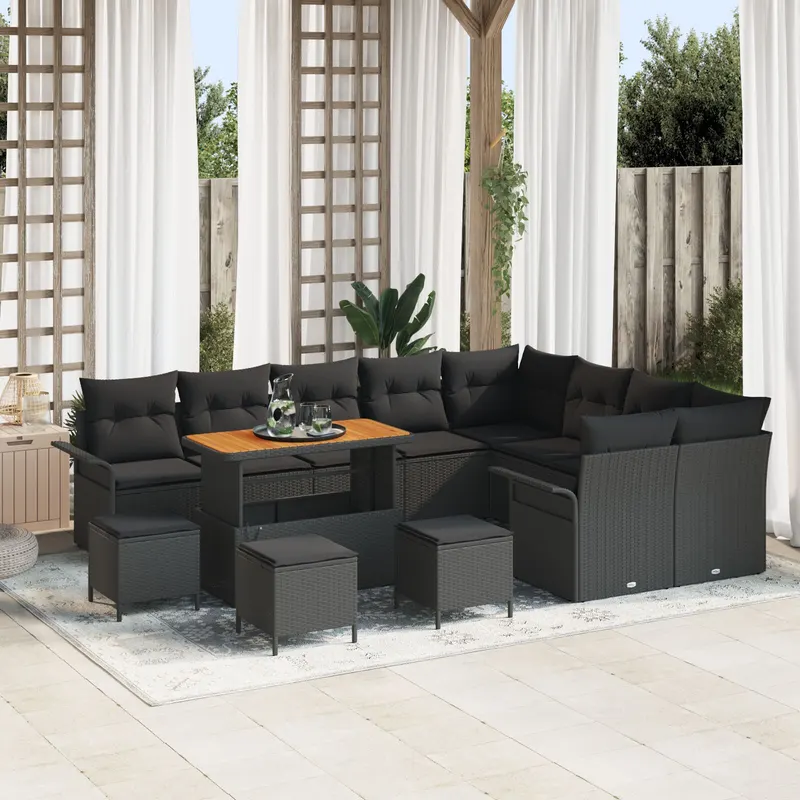 Set de 12 piese pentru gradina cu pernute negru din ratan pe si acacia, set de 3 piese pentru gradina cu pernute negru din ratan pe si acacia, sofa de gradina cu doua locuri si pernute negru din ratan pe