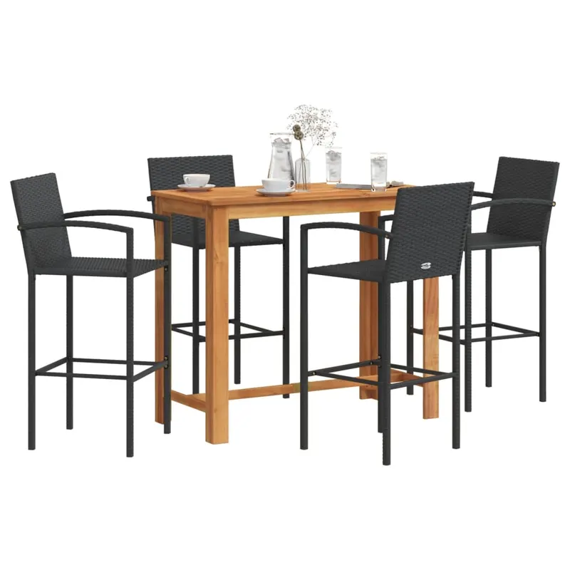 set bar de gradina 5 piese negru lemn masiv acacia si poliratan
