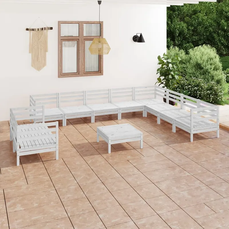 set mobilier de gradina, 11 piese, alb, lemn masiv de pin