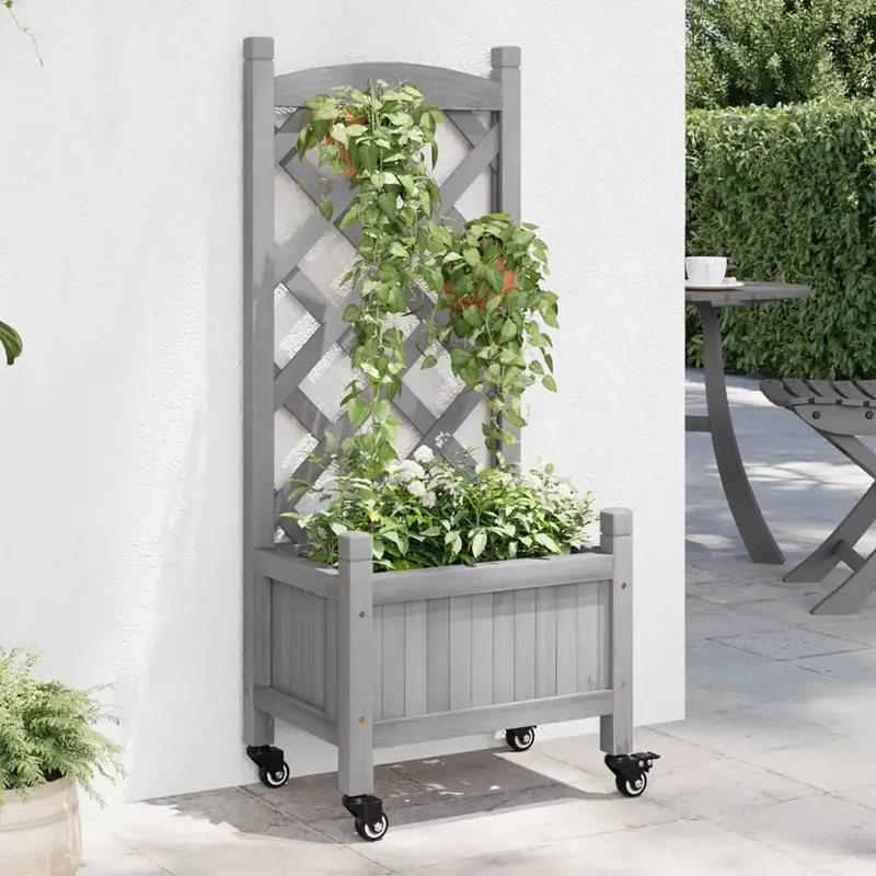 jardiniera cu spalier si roti, gri, lemn masiv de brad
