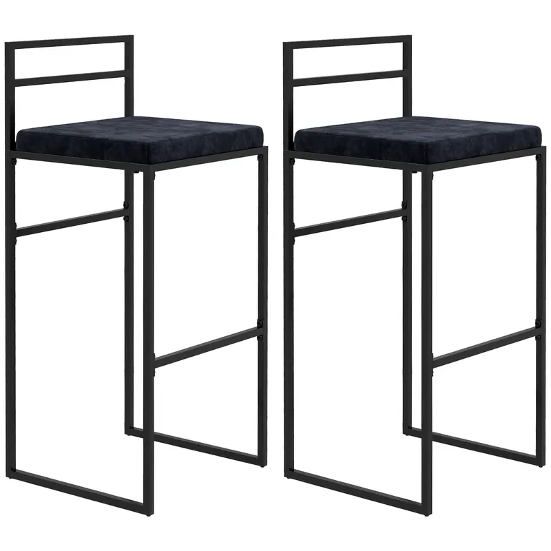 HOMCOM Lot de 2 taburete de bar taburete înalte pernă de șezut din catifea suport pentru picioare înălțime 74 cm negru