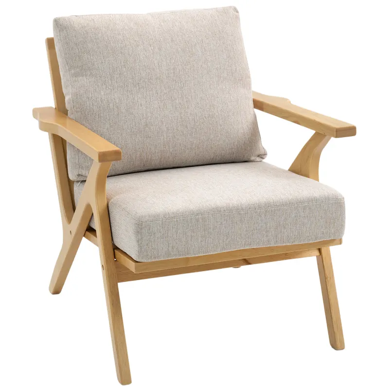 HOMCOM Fotoliu de salon, fotoliu scandinav din stofă cu aspect de in, perne căptușite și picioare din lemn de hevea, 76x87x88cm, bej