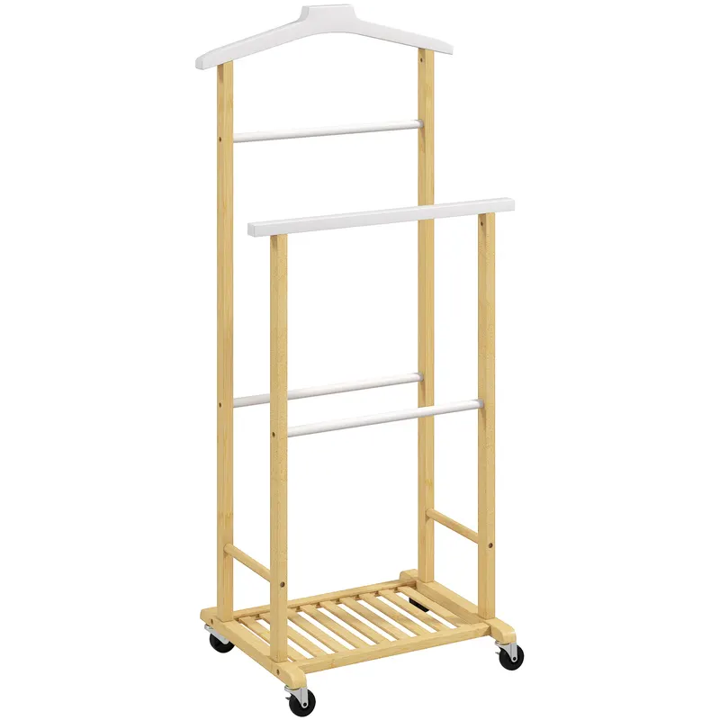 HOMCOM Cuier de Podea cu Roți, Bare și Poliță, din Bambus, Design Nordic, 47 x 33,7 x 105,5 cm, Culoare Lemn