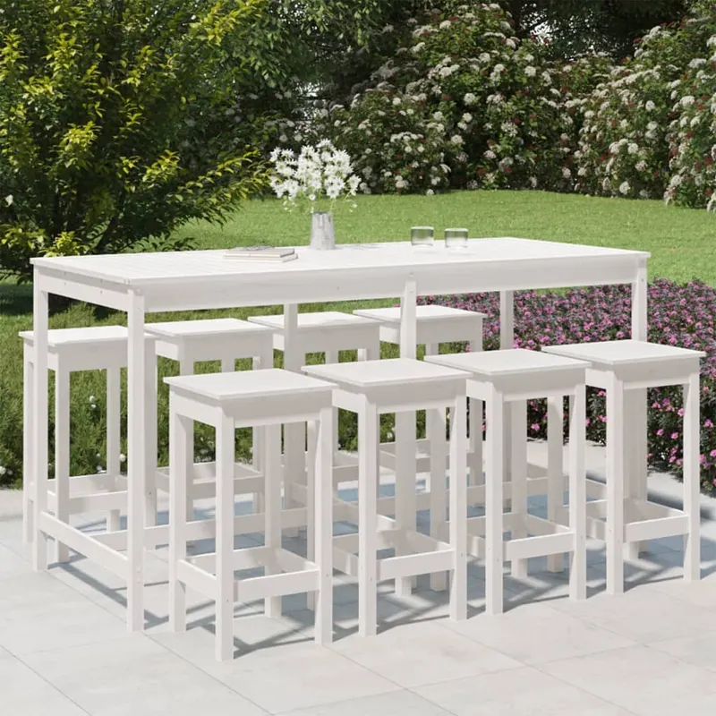set bar de gradina, 9 piese, alb, lemn masiv de pin