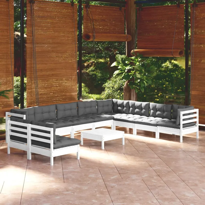 set mobilier gradina cu perne, 11 piese, alb, lemn masiv pin