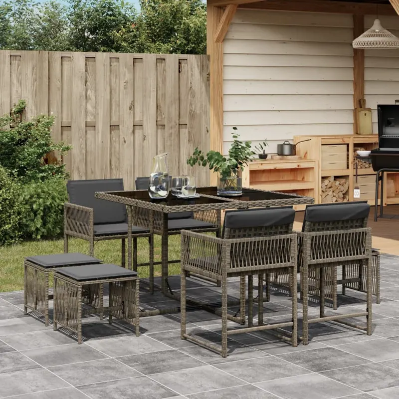 set mobilier gradina cu perne, 9 piese, gri, poliratan