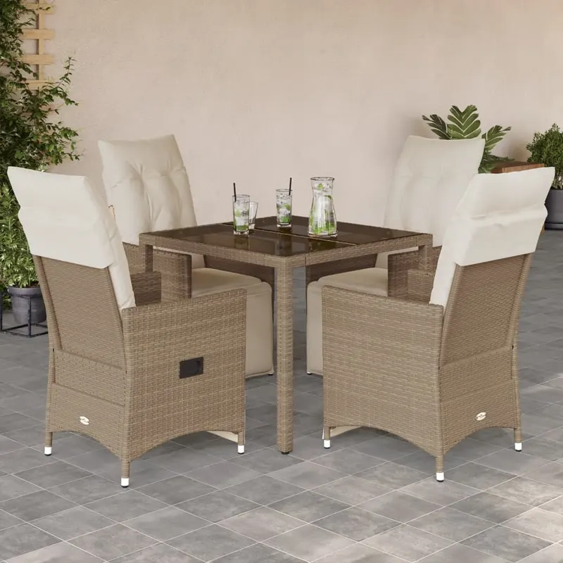 set bistro de gradina, 5 piese, cu perne, bej, poliratan