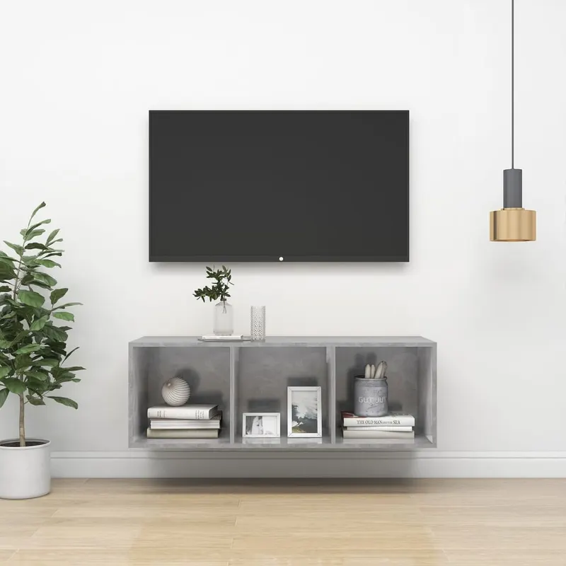 dulap tv montat pe perete, gri beton, 37x37x107 cm, pal