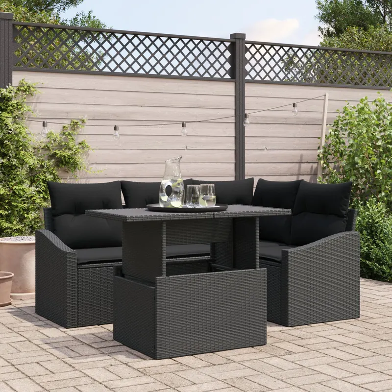 set canapea gradina de 5 piese cu pernite ratan negru