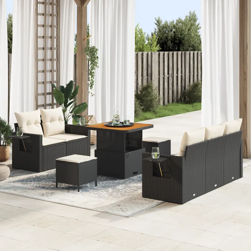 Set de canapea pentru gradina cu perne negre din ratan poliester acacia, set de dining pentru gradina cu 3 piese cu perne negre din ratan poliester acacia