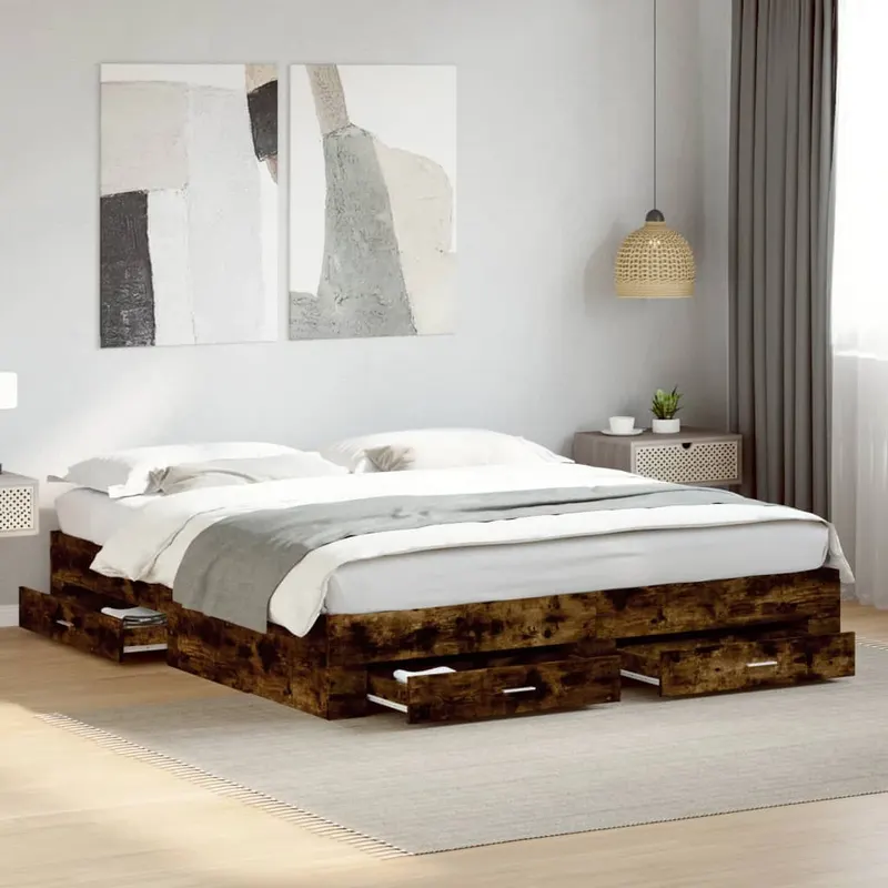 cadru de pat cu sertare stejar fumuriu 180x200cm lemn prelucrat