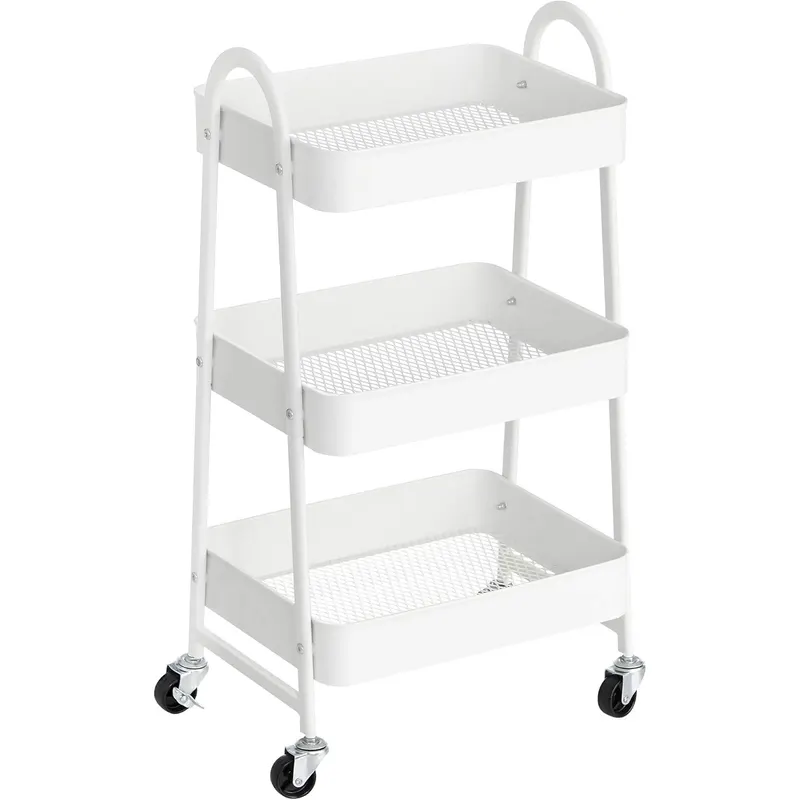 Carucior depozitare 3 niveluri roti frane structura metal, 41x31x78 cm, compact, alb