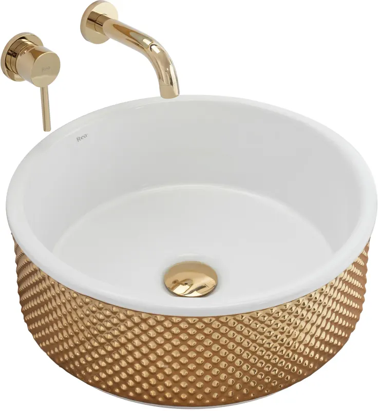 Lavoar rotund Rea Helen, interior alb cu exterior auriu, 42 x 42 cm