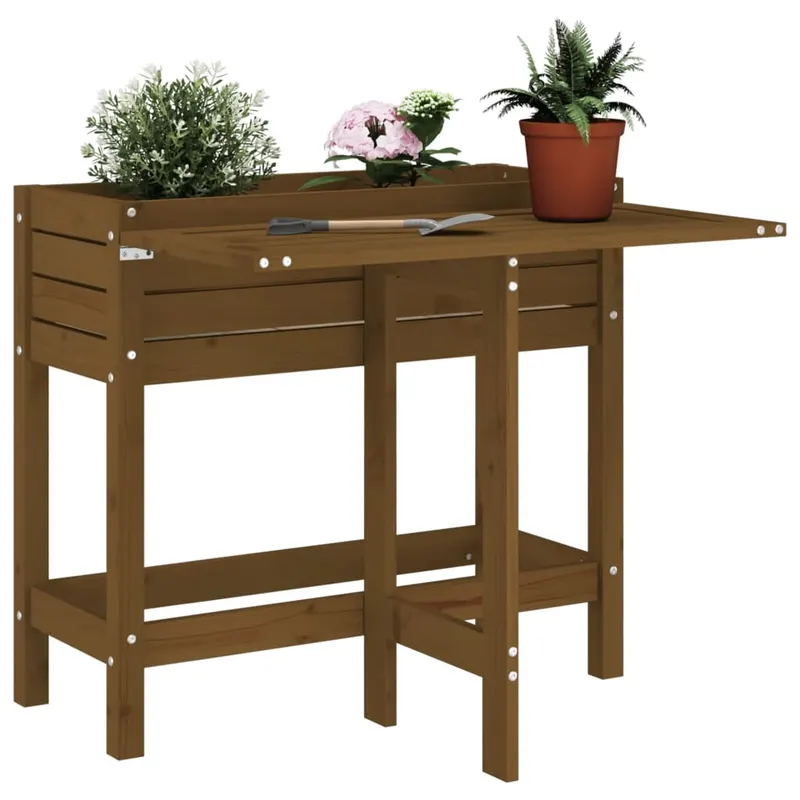 jardiniera de gradina cu blat pliabil maro miere lemn masiv pin