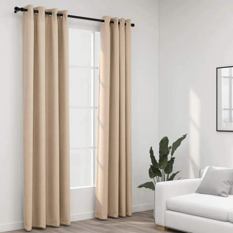 perdele opace, aspect panza, cu ocheti, 2 buc., bej, 140x245 cm