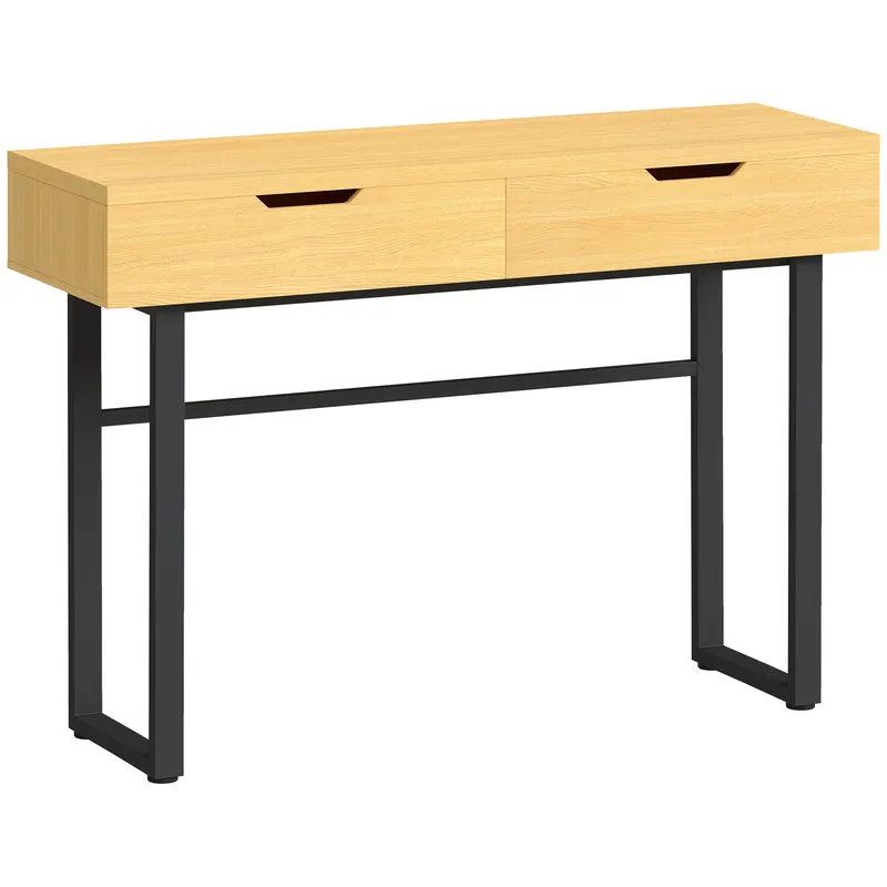 HOMCOM Consolă îngustă pentru hol cu 2 sertare, cadru metalic, pentru hol 110 x 35 x 76,5 cm natur