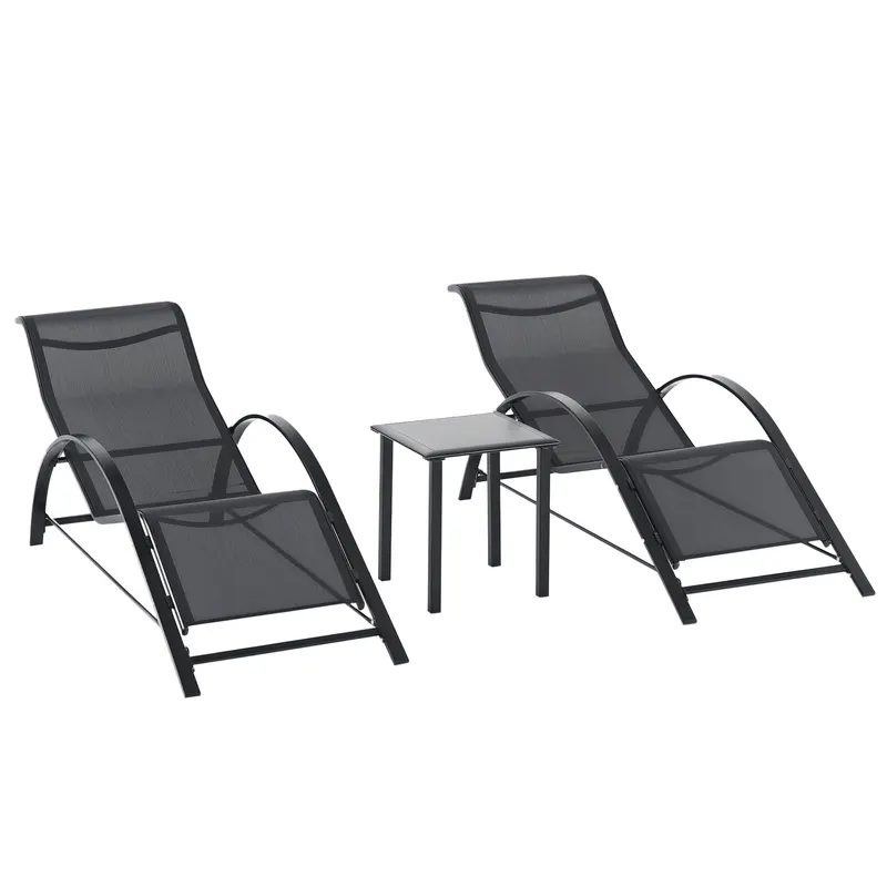 Outsunny Set 2 sezlonguri si masuta cu blat din sticla, sezlong pentru gradina din material respirabil si metal, 59x169x66 cm, negru