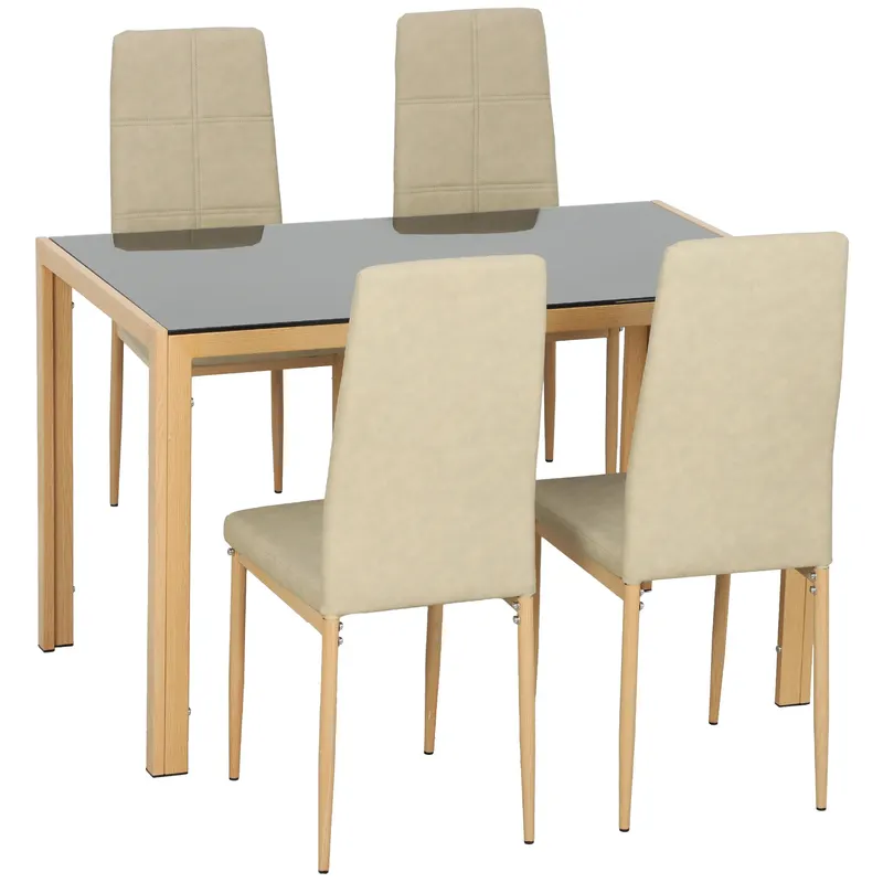 HOMCOM Set masă cu 4 scaune din piele sintetică, blat dreptunghiular din sticlă securizată, 120x70x75cm, natural